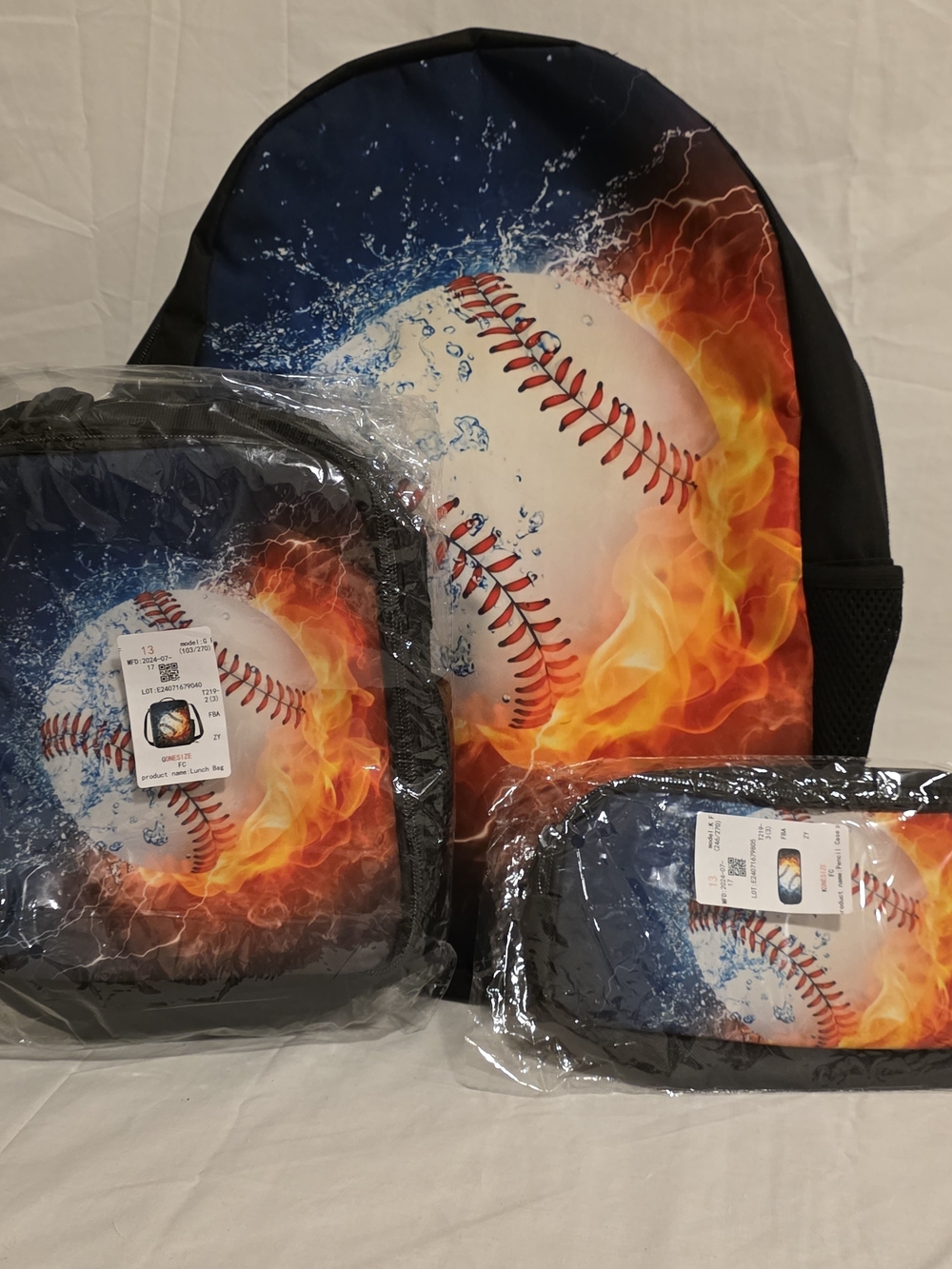 NEW 3 Piece Backpack Lunch Box Pencil Bag Baseball School Work Book Bag
